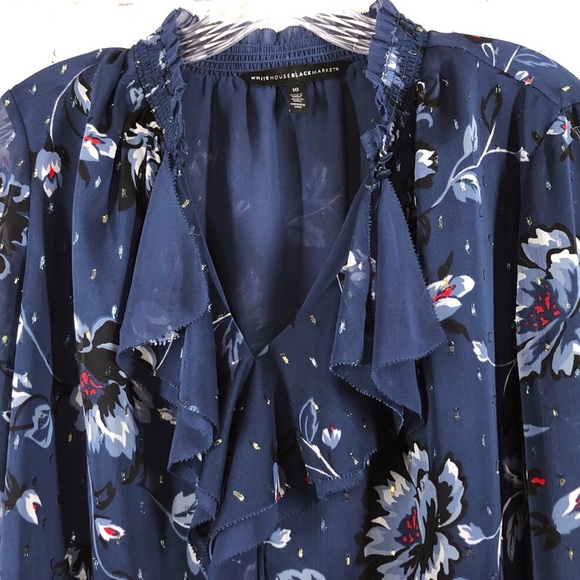 WHBM blue silver floral chiffon top M 10 - Picture 5 of 7